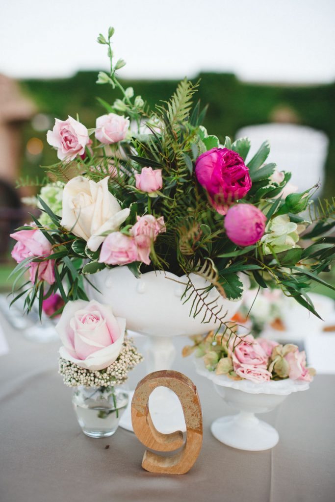 Wooden table number rose and palm leaves floral center piece ErinStephan_529