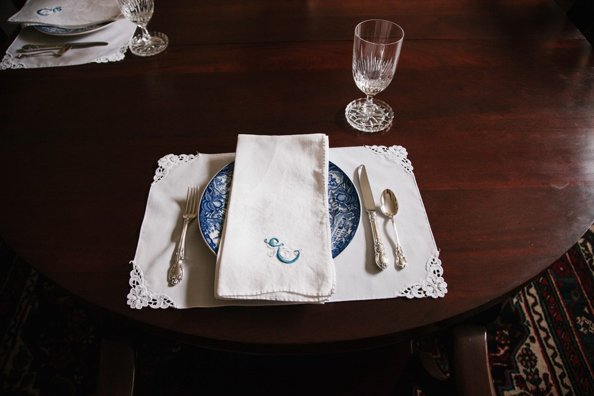 blue and white plate with napkin