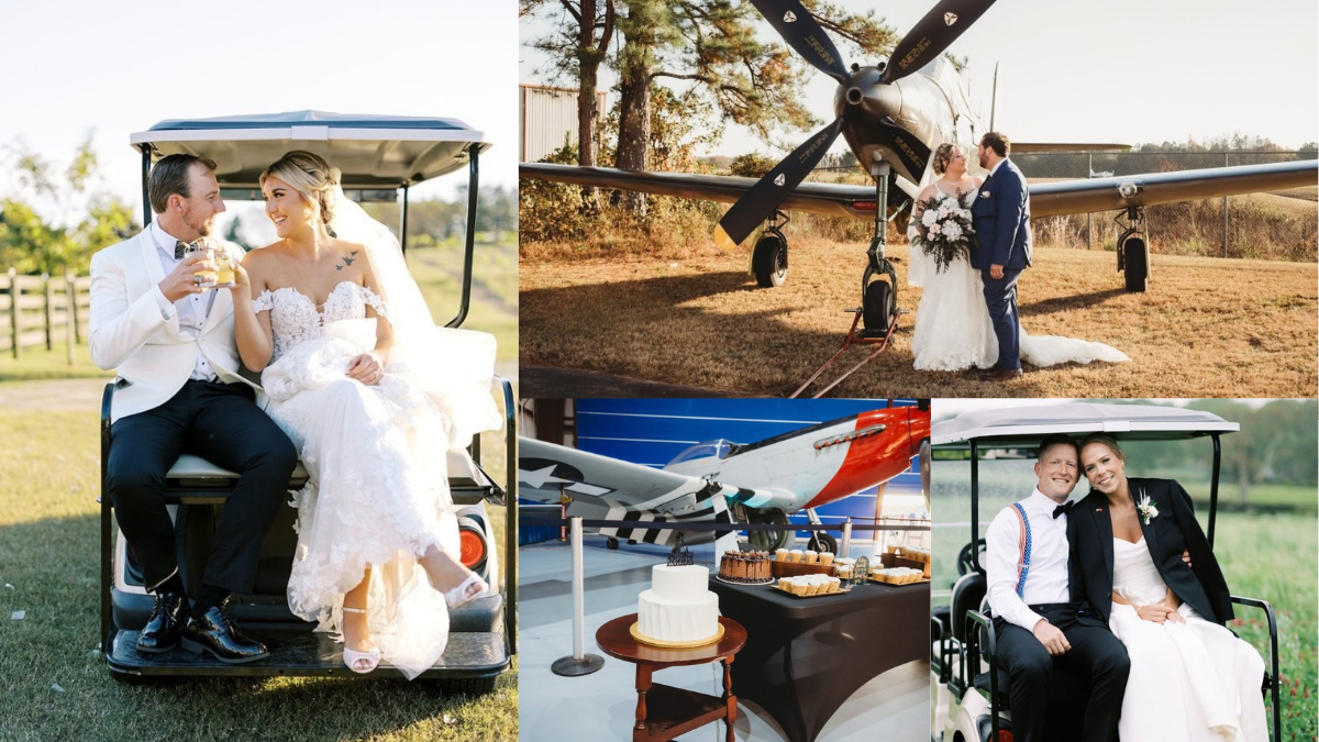 Peachtree City wedding couple with golf carts, airplane, and outdoor wedding details