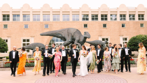 Chloe and Mark with their wedding party outside Fernbank Museum of Natural History